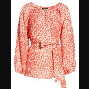Lafayette 148 New York Silk Pink Carson Printed Bishop Sleeves Top Blouse Size L